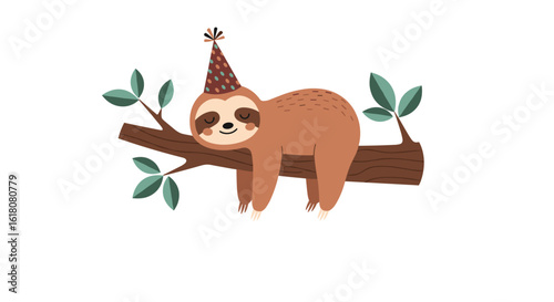 Cute cartoon sloth wearing party hat relaxing on a tree branch with leaves enjoying a birthday celebration
