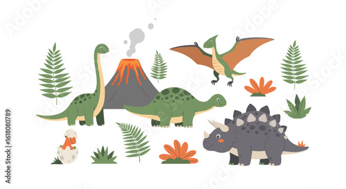 Adorable cartoon dinosaur family illustration with a volcanic eruption scene