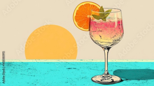 Retro 80s poster style illustration of Hugo Spritz glass with bold colors  