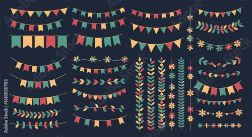 Collection of decorative bunting and floral borders for festive celebrations and events