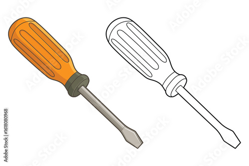 Screwdriver illustration featuring colored and line art versions side by side