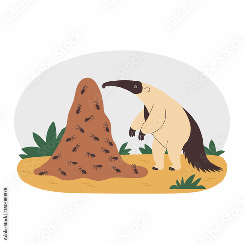 Anteater Exploring Ant Hill in Cartoon Style