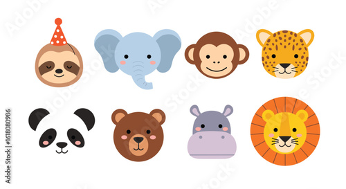 Cute cartoon animal faces for children's party decorations and educational materials