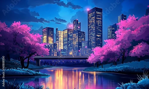 Vibrant city skyline at night with glowing buildings, cherry blossoms, and a serene river