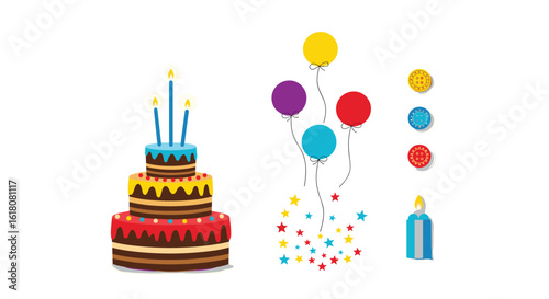 Celebrate special occasion with cake balloons and confetti party elements