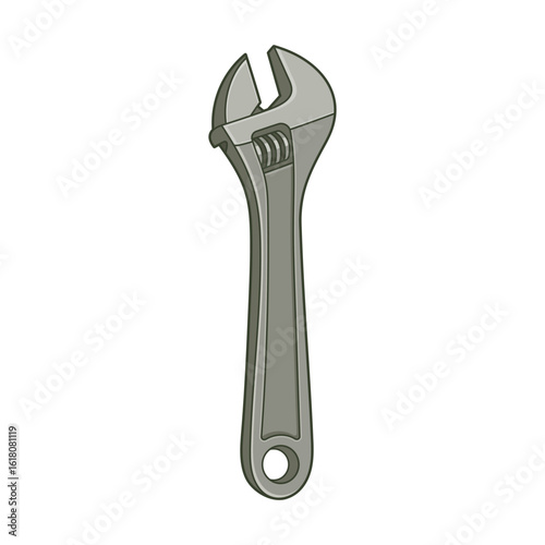 A gray adjustable wrench tool isolated on white backdrop.  Cartoon drawing.