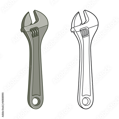 Illustration showcasing both colored and line art versions of an adjustable wrench