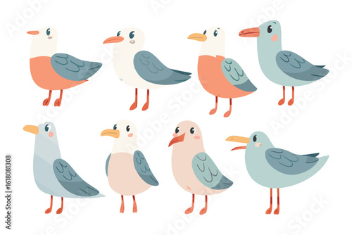 Seagull collection: A delightful assortment of cartoon seagulls showcasing diverse colors and styles, creating a whimsical depiction of these coastal birds.