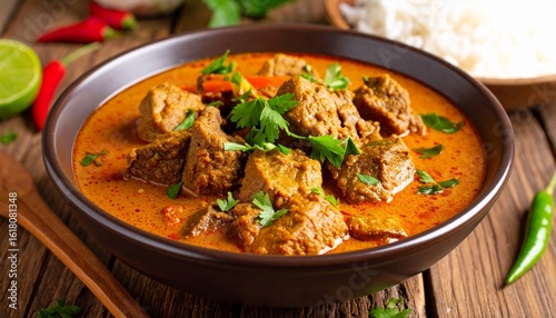 A hearty bowl of traditional Indonesian Gulai, a rich and spicy beef curry stew, garnished with fresh cilantro and chili.