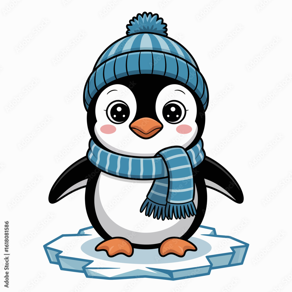 Obraz premium Cute cartoon penguin on ice, winter illustration