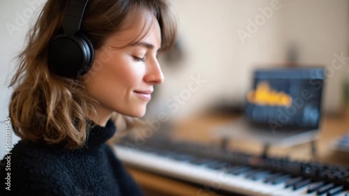 Musical Mindfulness: A serene woman, immersed in her musical world, finds solace and inspiration as she wears headphones and plays the piano, accompanied by a laptop.