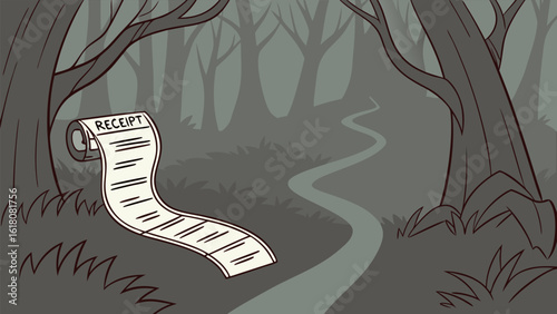 A receipt roll unspools across the forest floor near a winding path between the dark trees in grayscale