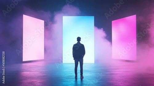 Journey of Self-Discovery: A silhouette of a solitary figure stands before three illuminated portals, each radiating a unique aura. The vibrant hues dance against a hazy backdrop.