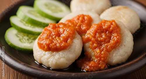 Traditional Indonesian cilok, a savory tapioca snack served with spicy sambal sauce and fresh cucumber slices on a clay plate