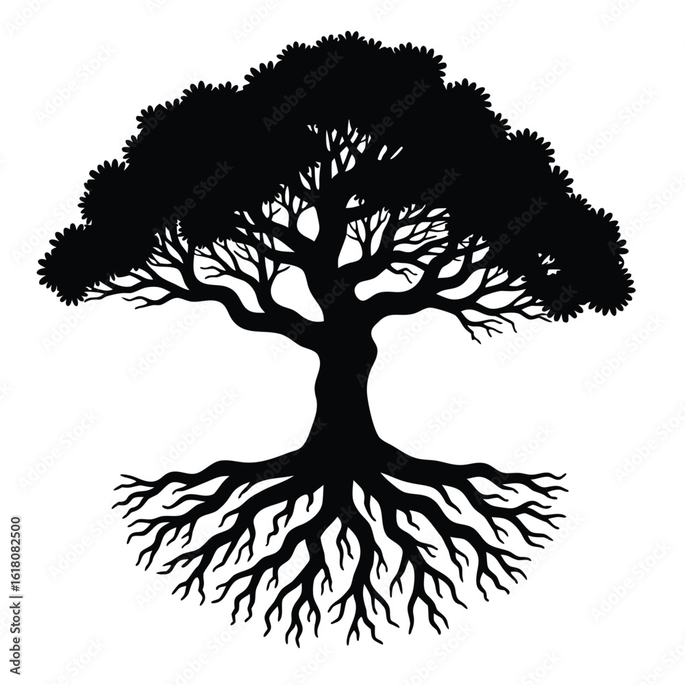 Majestic tree silhouette with sprawling roots and dense foliage black white
