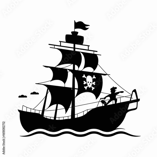 Pirate Ship Silhouette with Skull and Crossbones