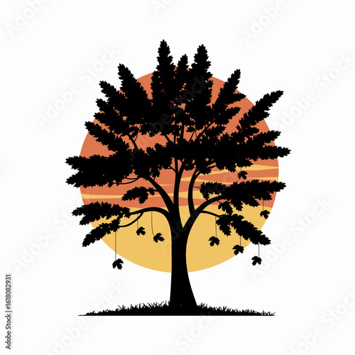 Silhouette Tree with Sunset Background Illustration