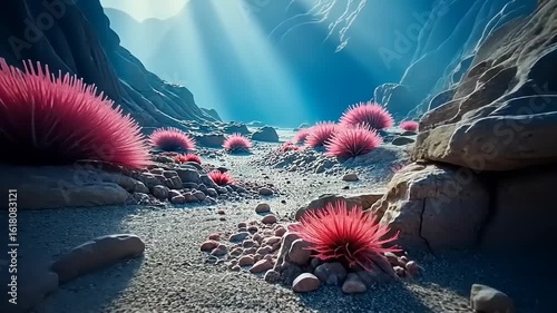 Surreal Landscape with Pink Plants and Blue Light in a Rocky Terrain View