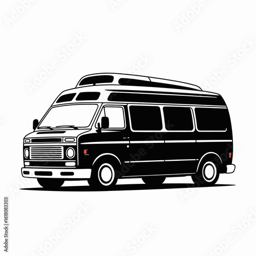 Vintage camper van illustration, black and white design