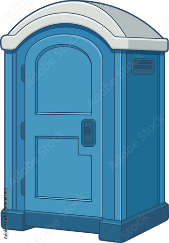 A cartoon styled portable restroom, typically found at events or construction.