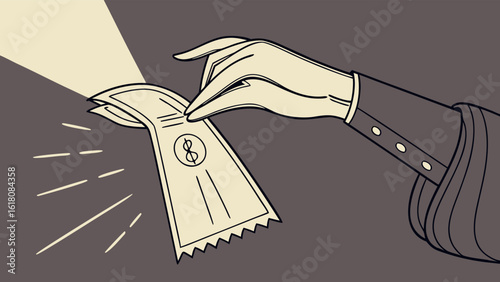 A hand in a suit sleeve holding a dollar bill with a jagged edge under a spotlight in a stylized way