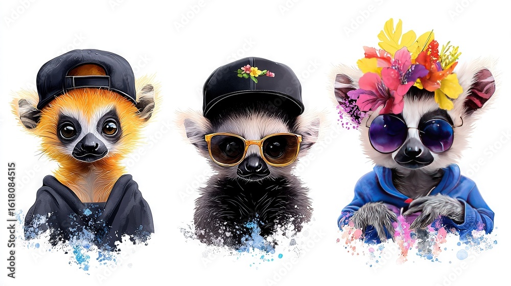 Fototapeta premium A few animals adorned in hats, sunglasses, and floral crowns