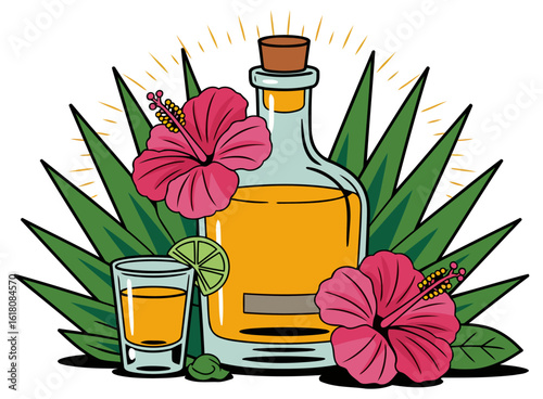 Tequila Bottle with Shot Glass Lime and Hibiscus Flowers Tropical Background