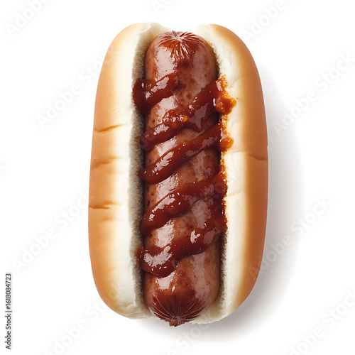 Grilled Sausage in a Bun Topped with Barbecue Sauce
