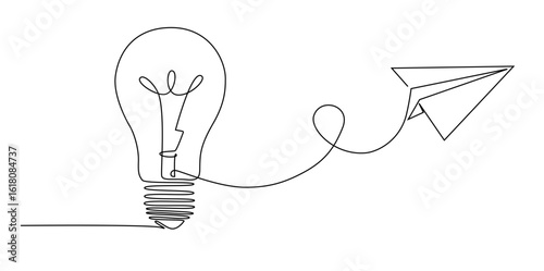 Continuous single line sketch drawing of light bulb and paper plane. One line art of startup business idea vector illustration