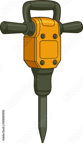 Illustration of an orange and gray jackhammer on a black background.