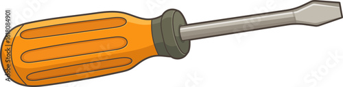Screwdriver with orange handle and gray shaft, tool for fastening screws.