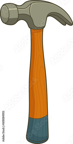 Cartoon hammer with a wooden handle and gray metal head on black background