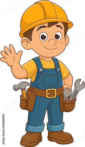 Cartoon character of a construction worker wearing protective equipment.