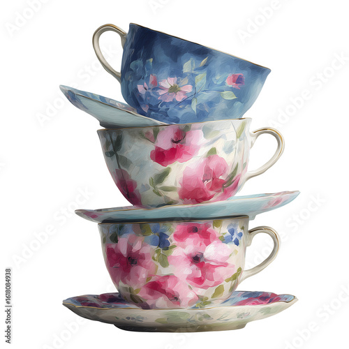 Watercolor Floral Tea Cups Stacked isolated on transparent background png 