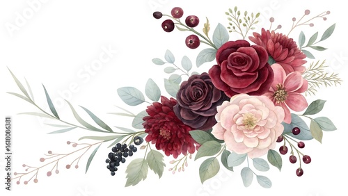 Elegant watercolor floral arrangement featuring deep red burgundy roses peonies and berries with delicate greenery on white background