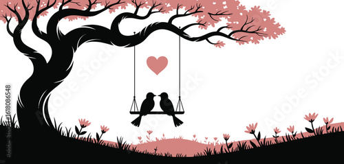 Romantic silhouette of two birds on a swing under a blooming tree with a heart