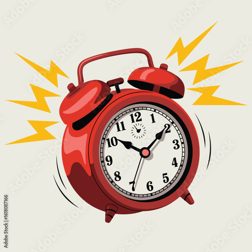 Retro red alarm clock ringing loudly with yellow sound waves