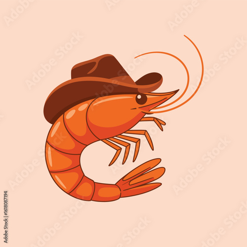 Cartoon shrimp wearing a cowboy hat in a playful pose
