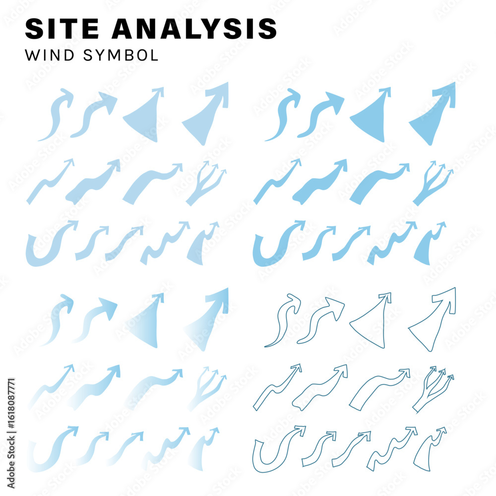 wind, landscape architecture site analysis symbol icon element drawing graphic flat isolated vector. urban design element drawing