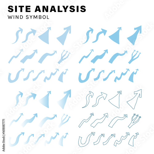 wind, landscape architecture site analysis symbol icon element drawing graphic flat isolated vector. urban design element drawing
