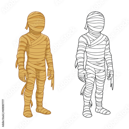 Illustration of a mummy wrapped in bandages, one colored and one outlined.
