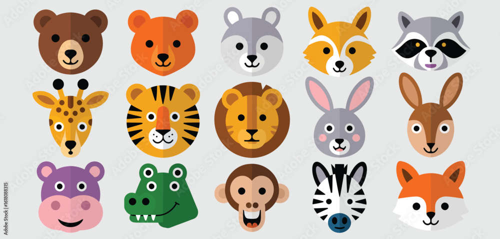 Naklejka premium Collection of cute cartoon animal faces with simple designs and bright colors