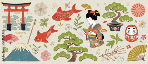 Collection of traditional japanese cultural symbols and elements with a geisha