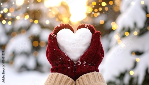 Heart-Shaped Snowball Held in Red Mittens with Golden Bokeh Background