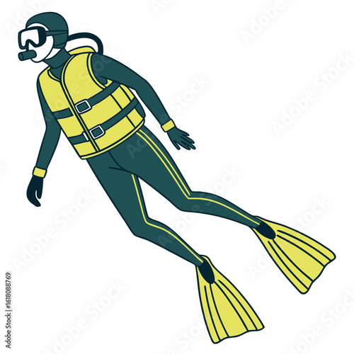 A diver wearing a dark teal wetsuit yellow life vest and yellow fins swims with a snorkel and mask snorkeling