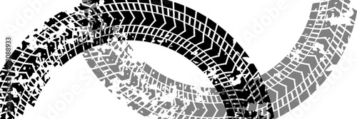 Tire tread marks, wheel textures, tire marks - car racing, motocross, drift, rally, off-road and others. Vector black isolated texture in grunge style with splashes.eps10