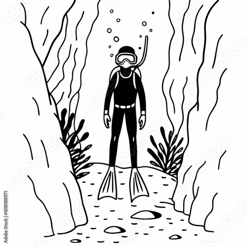 Black and white line drawing of a diver in an underwater cave with seaweed and bubbles diving ocean