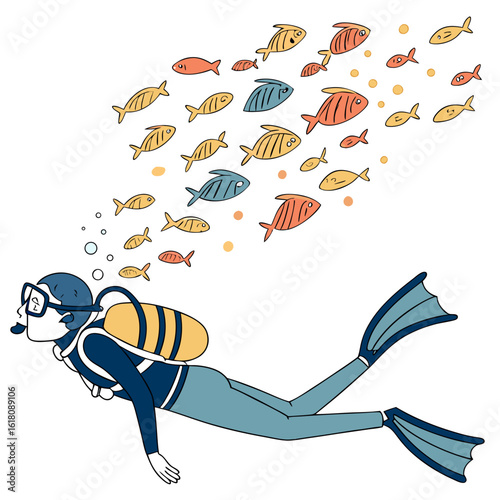 Cartoon diver swimming with a school of colorful fish and bubbles snorkeling scuba diving