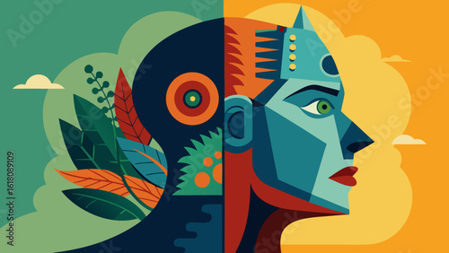 Face Split Between Organic & Mechanical – Man vs Nature Duality