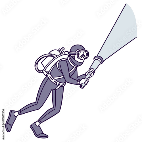 Diver in wetsuit with scuba gear and underwater flashlight scuba diving